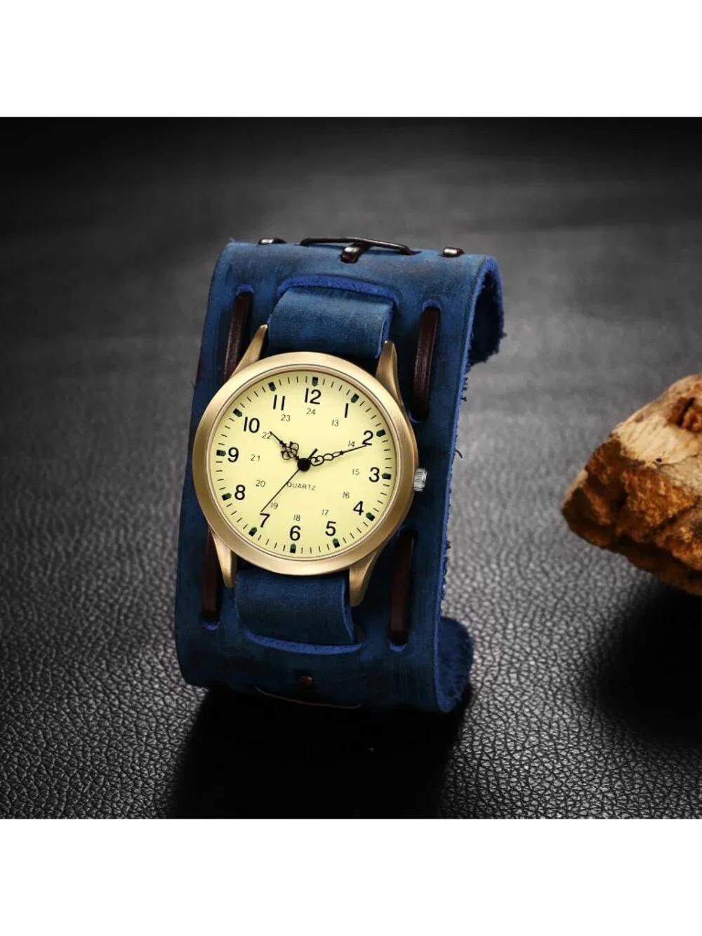 Unisex Blue Analog Quartz Arabic Numerals Wide Leather Strap Vintage Wrist Watch